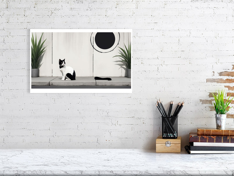 The Tale Of A Cat - Pt 1 - Quiet Patterns by Elena Selene – Giclée Print, 70cm x 100cm, 27.6in x 39.4in, Black Frame, placed above a sleek desk in a modern workspace