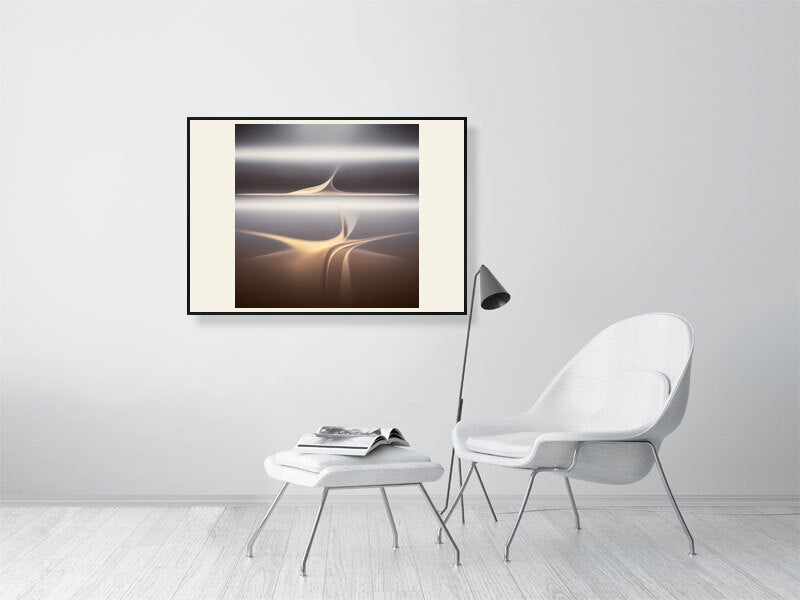 Golden Lumina - Veil Of Light by Lucas Vale – Giclée Print, 30cm x 30cm, 11.8in x 11.8in, Print Only, placed above a sleek desk in a modern workspace