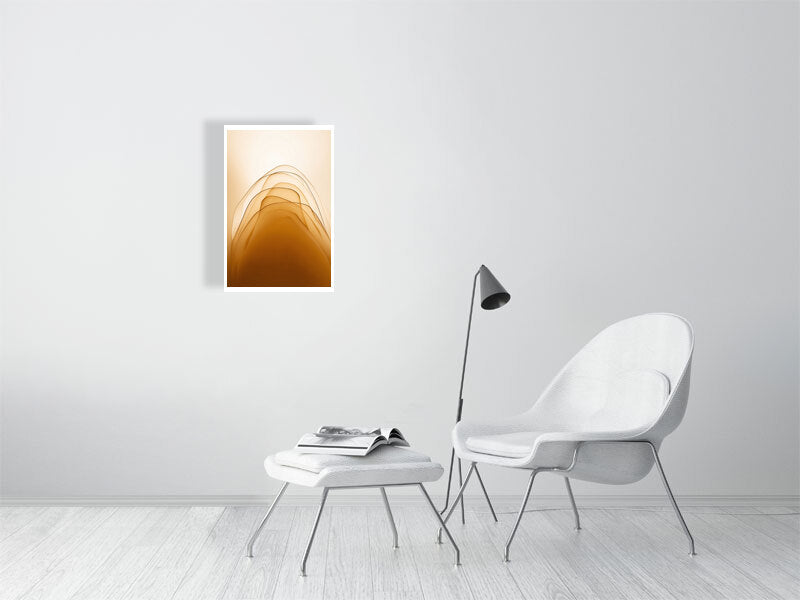 Golden Lumina - Golden Layers by Lucas Vale – Giclée Print, 21cm x 33cm, 8.3in x 12.9in, Print Only, placed above a sleek desk in a modern workspace