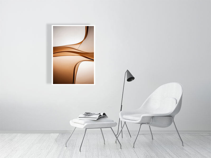 Golden Lumina - Sepia Flow by Lucas Vale – Giclée Print, 41cm x 41cm, 16.0in x 16.2in, Print Only, placed above a sleek desk in a modern workspace