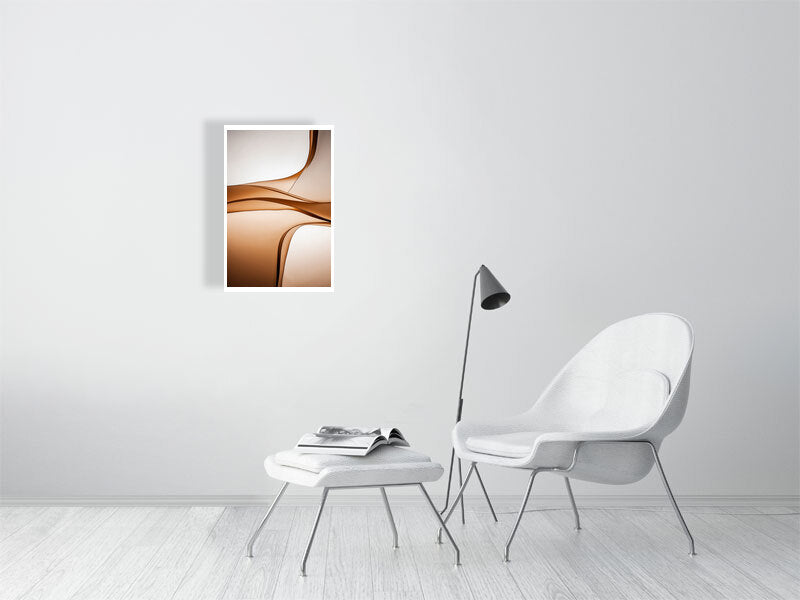 Golden Lumina - Sepia Flow by Lucas Vale – Giclée Print, 21cm x 33cm, 8.3in x 12.9in, Print Only, placed above a sleek desk in a modern workspace