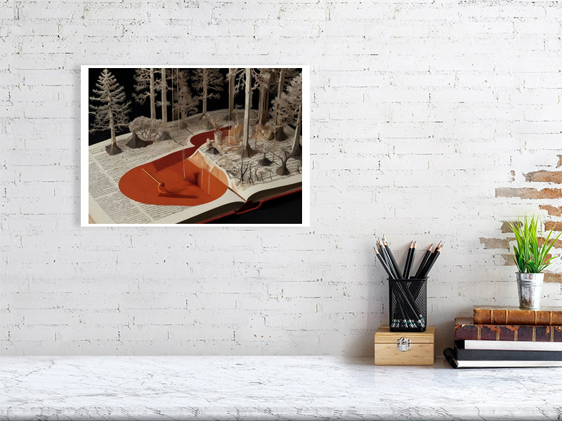 Fragments Of The Orange Labyrinth - Tales Of The Grove by Marina Sable – Giclée Print, 59cm x 84cm, 23.4in x 33.1in, Print Only, placed above a sleek desk in a modern workspace