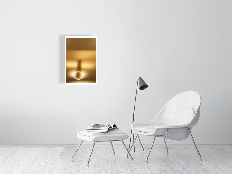 Golden Lumina - Radiant Horizon by Lucas Vale – Giclée Print, 21cm x 33cm, 8.3in x 12.9in, Print Only, placed above a sleek desk in a modern workspace