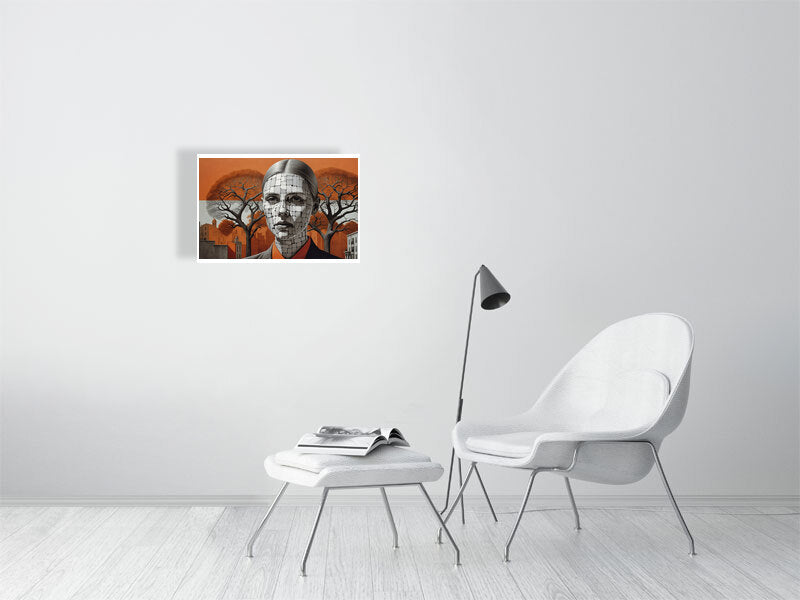 Fragments Of The Orange Labyrinth - Roots Of Identity by Marina Sable – Giclée Print, 70cm x 100cm, 27.6in x 39.4in, Black Frame, placed above a sleek desk in a modern workspace