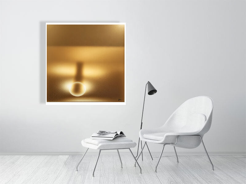 Golden Lumina - Radiant Horizon by Lucas Vale – Giclée Print, 40cm x 40cm, 15.8in x 15.8in, Print Only, placed above a sleek desk in a modern workspace